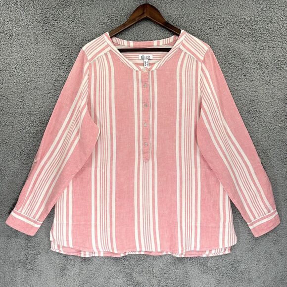 D&Co. Top Women L‎ Pink Striped Popover Yarn Woven Hi-Low Hem Linen Blend F14 - Picture 2 of 16